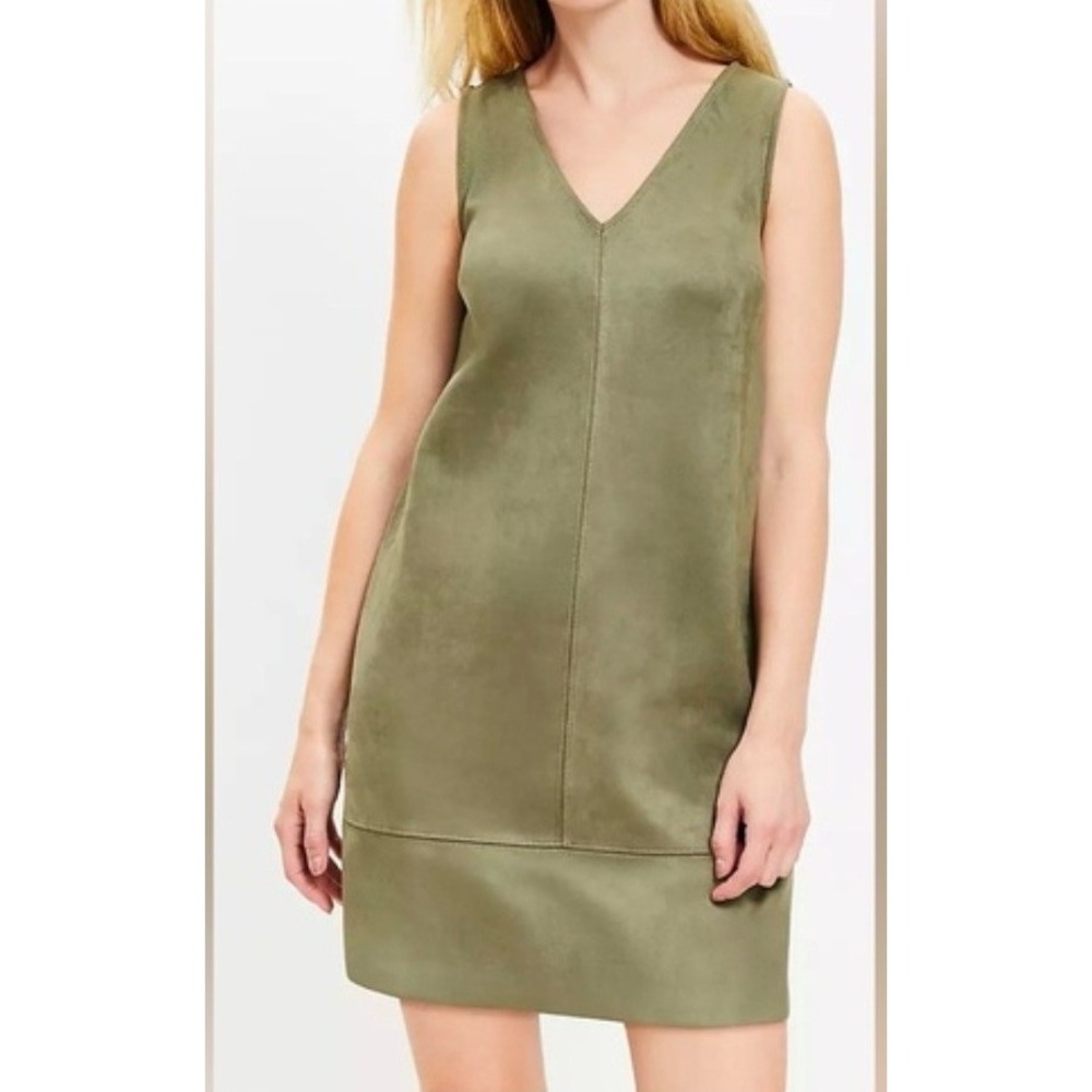 Loft Faux Suede Mini Shift Dress Olive Green V-Neck Sleeveless 37264765 Size 14